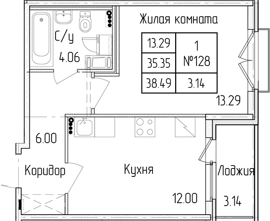1-комнатная квартира 35.35 м², 3/4 эт., ЖК «Любоград в Стрельне»